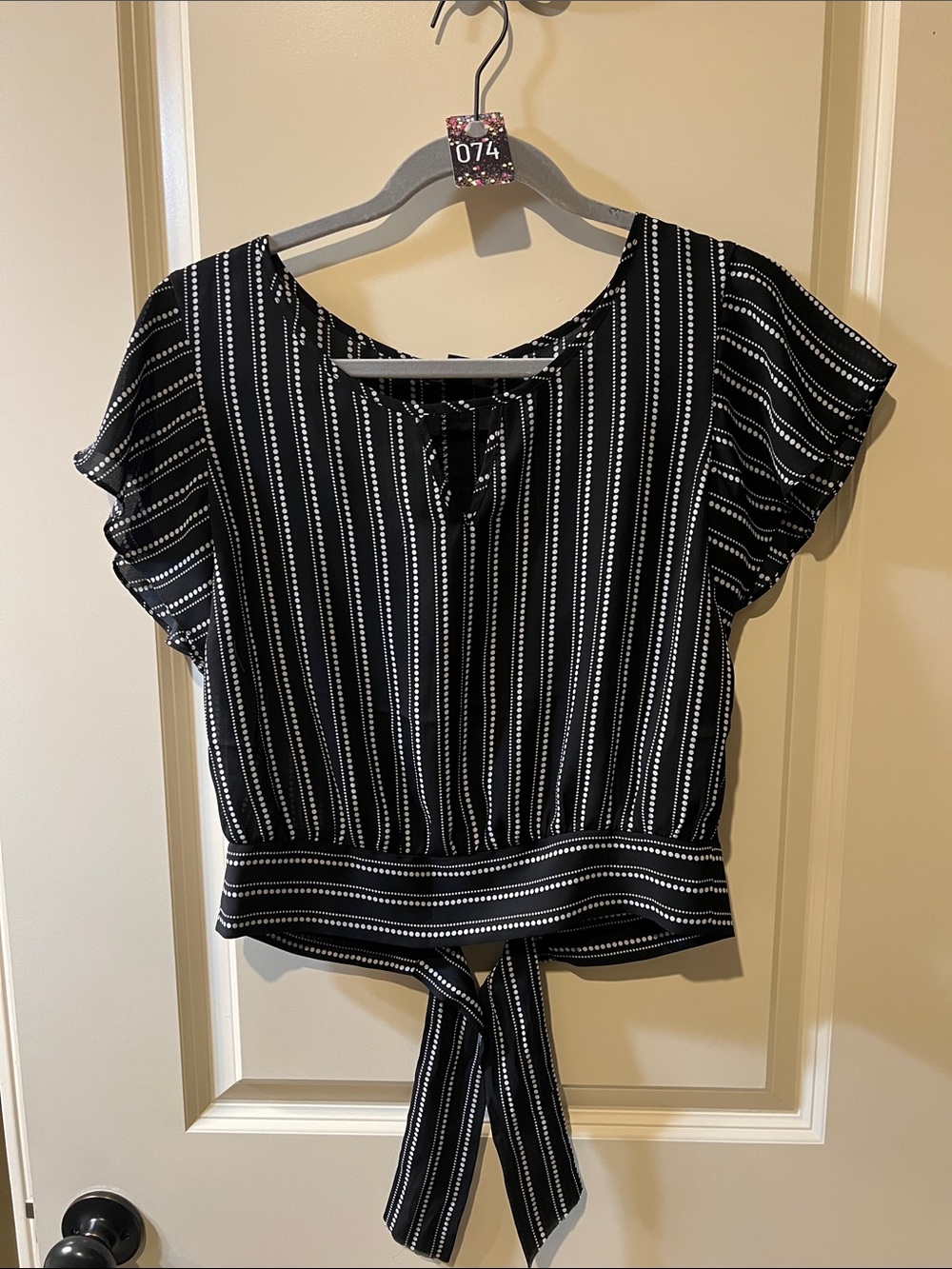 Iz Byer Black and White Vertical Stripe Tie-Front Blouse